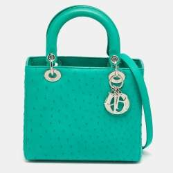 Pre Owned Dior Lady Dior Medium Green Ostrich Leather Tote