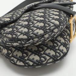 Pre Owned Dior Saddle Navy Blue Oblique Canvas Shoulder Bag