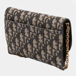 Pre Owned Dior Blue Oblique Canvas Saddle Wallet On Chain