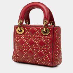 Pre Owned Dior Red Mini Lambskin Cannage Studded Supple Lady Dior
