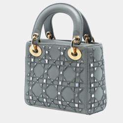 Pre Owned Dior Mini Grey Calfskin Cannage Beaded Lady Dior