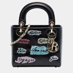 Pre Owned Dior Black Mini Calfskin Beaded Lady Dior