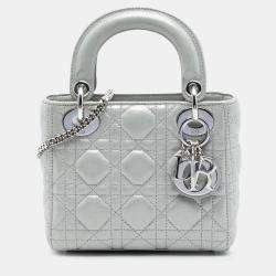 Pre Owned Dior Silver Mini Iridescent Lambskin Cannage Lady Dior