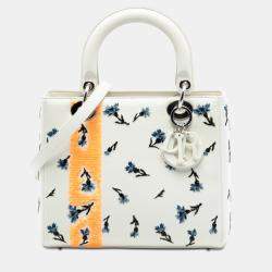 Pre Owned Dior White Medium Lambskin Floral Sequin Lady Dior