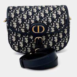 Pre Owned Dior Beige Navy Blue Fabric Oblique Bobby Bag Medium