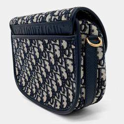 Pre Owned Dior Beige Navy Blue Fabric Oblique Bobby Bag Medium