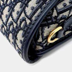 Pre Owned Dior Beige Navy Blue Fabric Oblique Bobby Bag Medium