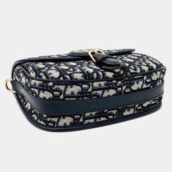 Pre Owned Dior Beige Navy Blue Fabric Oblique Bobby Bag Medium