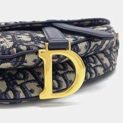 Pre Owned Dior Beige, Navy Blue Canvas Oblique Mini Saddle Bag