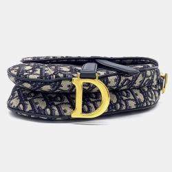 Pre Owned Dior Beige, Navy Blue Canvas Oblique Mini Saddle Bag