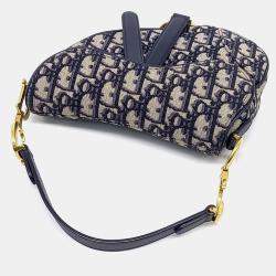 Pre Owned Dior Beige, Navy Blue Canvas Oblique Mini Saddle Bag