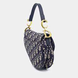 Pre Owned Dior Beige, Navy Blue Canvas Oblique Mini Saddle Bag