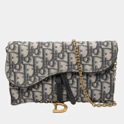Pre Owned Dior Blue Oblique Canvas Saddle Wallet On Chain
