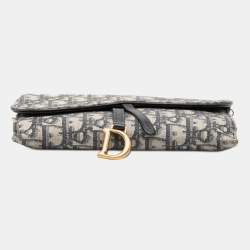 Pre Owned Dior Blue Oblique Canvas Saddle Wallet On Chain