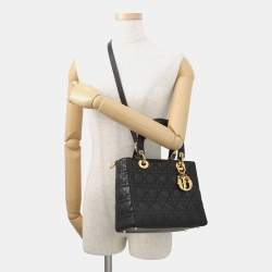 Pre Owned حقيبة يد ديور ليدي ديور 2 بطرق جلد أسود متوسطة الحجم