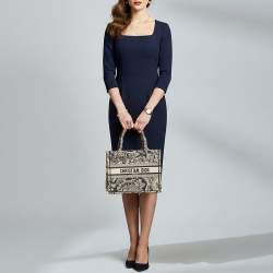 Pre Owned Dior Book Small Blue Toile de Jouy Embroidered Canvas Tote