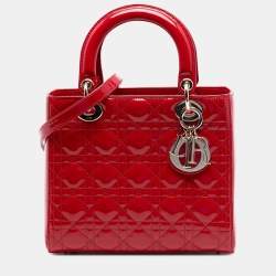 مملوكة مسبقًا حقيبة ديور "ليدي ديور" كاناج أحمر لامع متوسطة الحجم