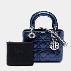 Pre Owned Dior Blue Mini Metallic Calfskin Cannage Lady Dior