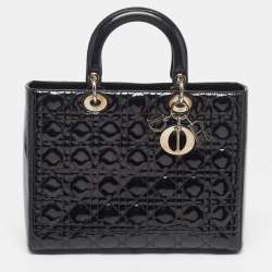 Pre Owned حقيبة يد ديور ليدي ديور جلد لامع كاناج سوداء كبيرة