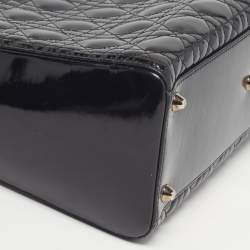 Pre Owned Dior Lady Dior Large Black Cannage Patent Leather Tote