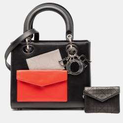Pre Owned Dior Black Orange Medium Calfskin Pockets Lady Dior