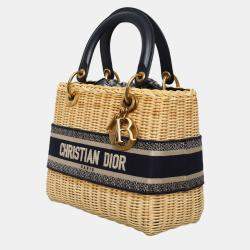 Pre Owned Dior Beige, Navy Blue Canvas, Leather, Rattan Wicker Oblique Lady Dior