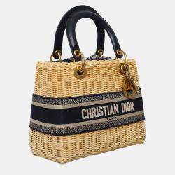 Pre Owned Dior Beige, Navy Blue Canvas, Leather, Rattan Wicker Oblique Lady Dior