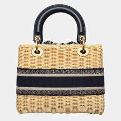 Pre Owned Dior Beige, Navy Blue Canvas, Leather, Rattan Wicker Oblique Lady Dior