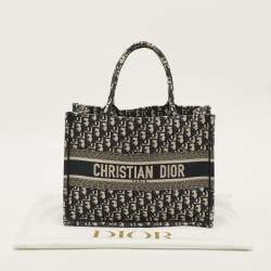 Pre Owned Dior Book Medium Navy Blue Oblique Embroidered Canvas Tote