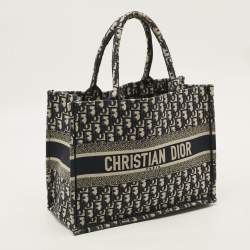 Pre Owned Dior Book Medium Navy Blue Oblique Embroidered Canvas Tote