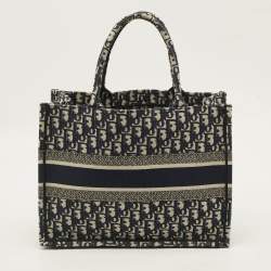 Pre Owned Dior Book Medium Navy Blue Oblique Embroidered Canvas Tote