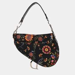 Pre Owned Dior Saddle Black Floral Leather Bag