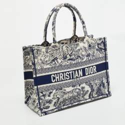 Pre Owned Dior Toile de Jouy Book Medium Blue Embroidered Canvas Tote
