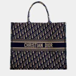 Pre Owned Dior Blue Large Oblique Embroidered Canvas Book Tote
