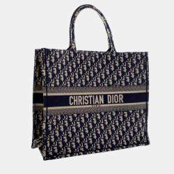 Pre Owned Dior Blue Large Oblique Embroidered Canvas Book Tote