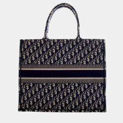Pre Owned Dior Blue Large Oblique Embroidered Canvas Book Tote