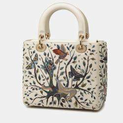 Pre Owned Dior White Medium Calfskin Beaded and Embroidered Earth Lady Dior