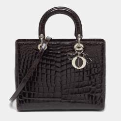 Pre Owned Dior Lady Dior Limited Edition 018 Large Dark Brown Shine Crocodile Tote