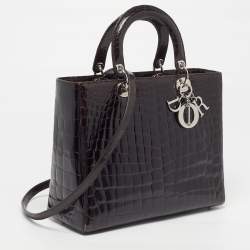 Pre Owned Dior Lady Dior Limited Edition 018 Large Dark Brown Shine Crocodile Tote