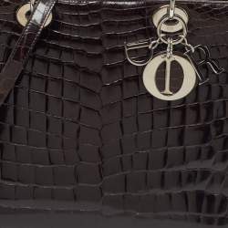 Pre Owned Dior Lady Dior Limited Edition 018 Large Dark Brown Shine Crocodile Tote