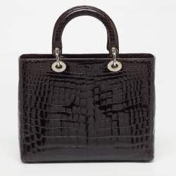 Pre Owned Dior Lady Dior Limited Edition 018 Large Dark Brown Shine Crocodile Tote