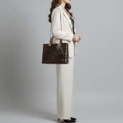 Pre Owned Dior Lady Dior Limited Edition 018 Large Dark Brown Shine Crocodile Tote