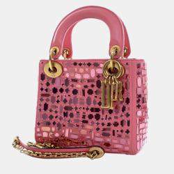 Pre Owned Dior Pink Mini Smooth Calfskin Embroidered Mosaic of Mirrors Lady Dior