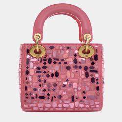 Pre Owned Dior Pink Mini Smooth Calfskin Embroidered Mosaic of Mirrors Lady Dior