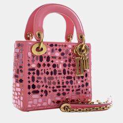 Pre Owned Dior Pink Mini Smooth Calfskin Embroidered Mosaic of Mirrors Lady Dior