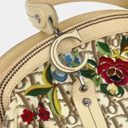 Pre Owned Christian Dior Floral Embroidered Trotter Beige Canvas Shoulder Bag