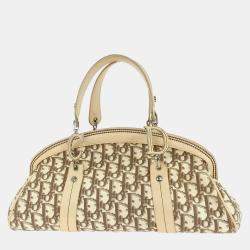 Pre Owned Christian Dior Floral Embroidered Trotter Beige Canvas Shoulder Bag