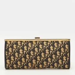 Pre Owned Dior Vintage Trotter Navy Blue Oblique Canvas Frame Clutch