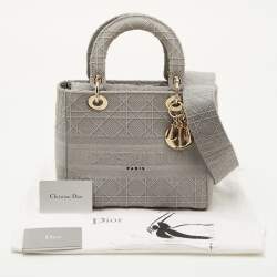 Pre Owned حقيبة يد توتس ديور ليدي دي-لايت قماش مطرز كاناج رمادي فاتح متوسط الحجم