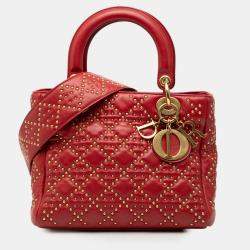 Pre Owned Dior Red Medium Lambskin Cannage Studded Supple Lady Dior